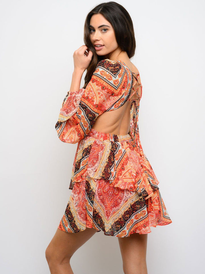 WOMEN'S LONG SLEEVE OPEN BACK MULTI PRINT DRESS