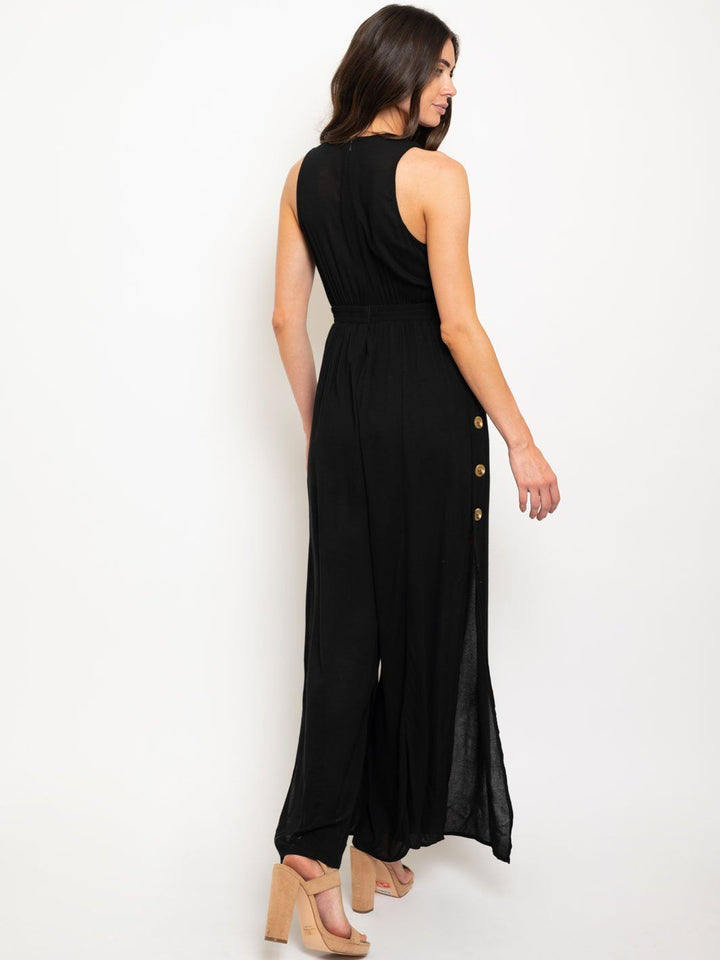 WOMEN'S OPEN LEG BUTTON DETAIL LACE UP V-NECK JUMPSUIT