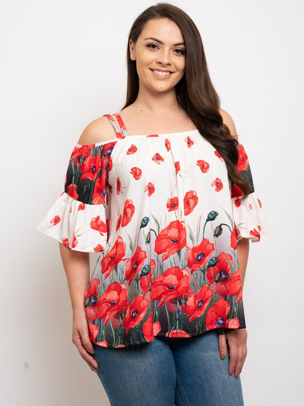 PLUS SIZE FLORAL RUFFLE OFF SHOULDER TOP