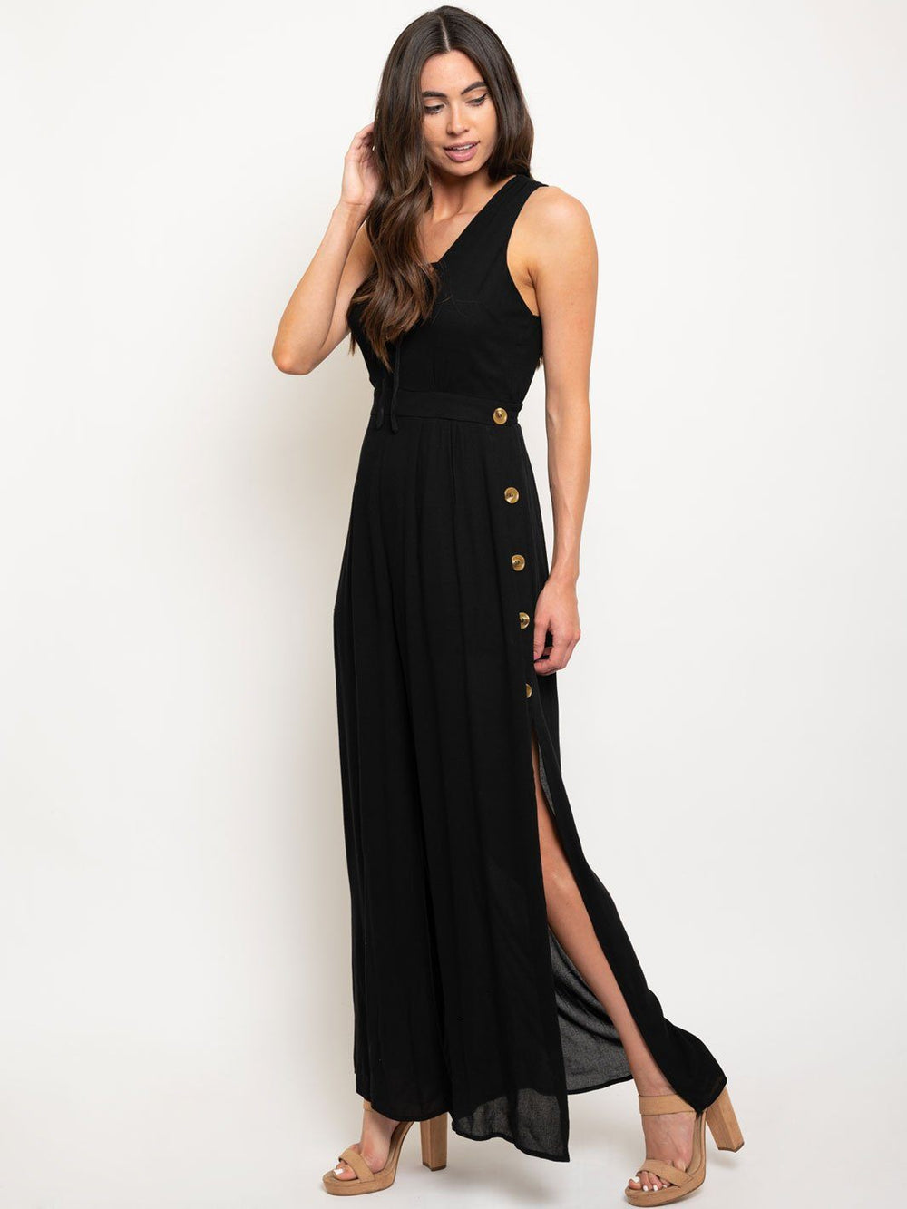 WOMEN'S OPEN LEG BUTTON DETAIL LACE UP V-NECK JUMPSUIT