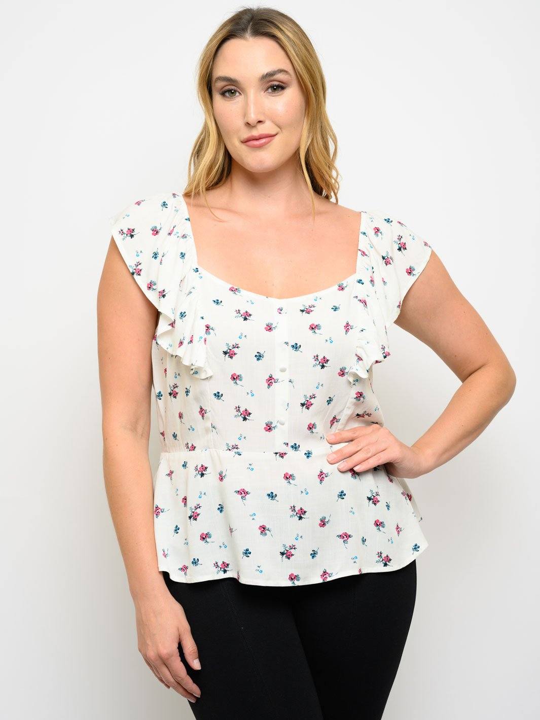 PLUS SIZE PEPLUM FLORAL SHORT SLEEVE TOP