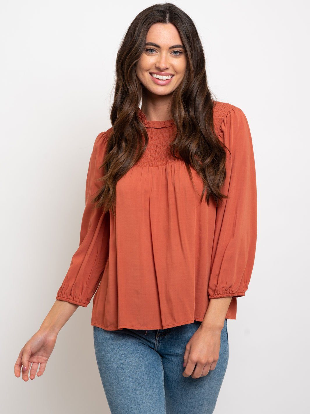 WOMEN'S LONG SLEEVE WITH SMOCKING DETAIL TOP