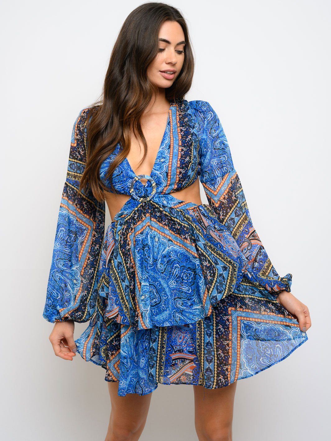 WOMEN'S LONG SLEEVE OPEN BACK MULTI PRINT DRESS