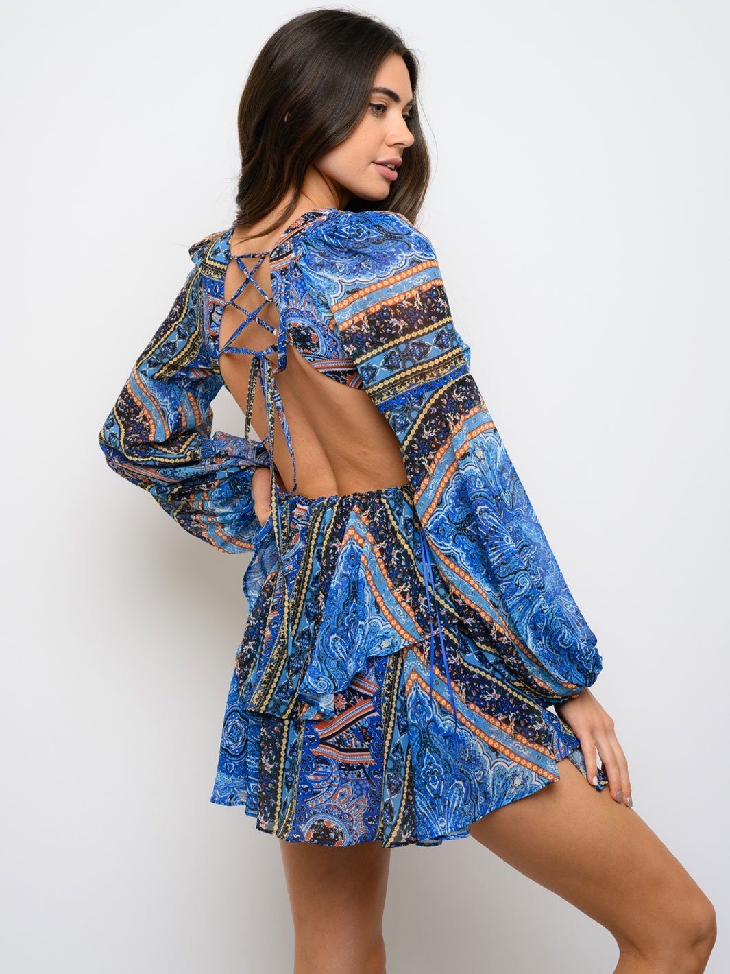 WOMEN'S LONG SLEEVE OPEN BACK MULTI PRINT DRESS