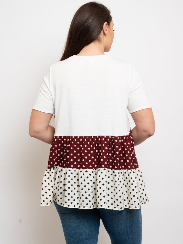 PLUS SIZE MULTI COLOR POLKA DOT PRINT RUFFLE TOP