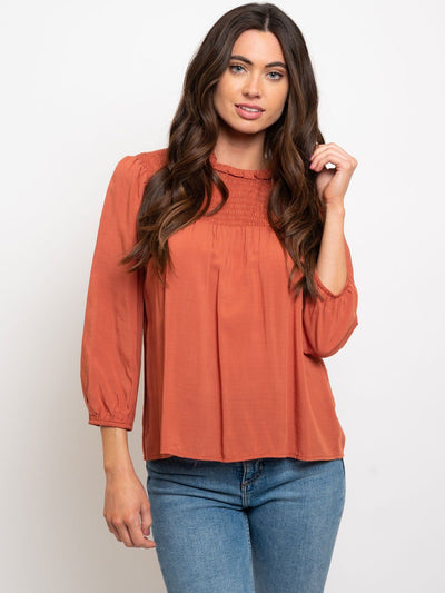 WOMEN'S LONG SLEEVE WITH SMOCKING DETAIL TOP