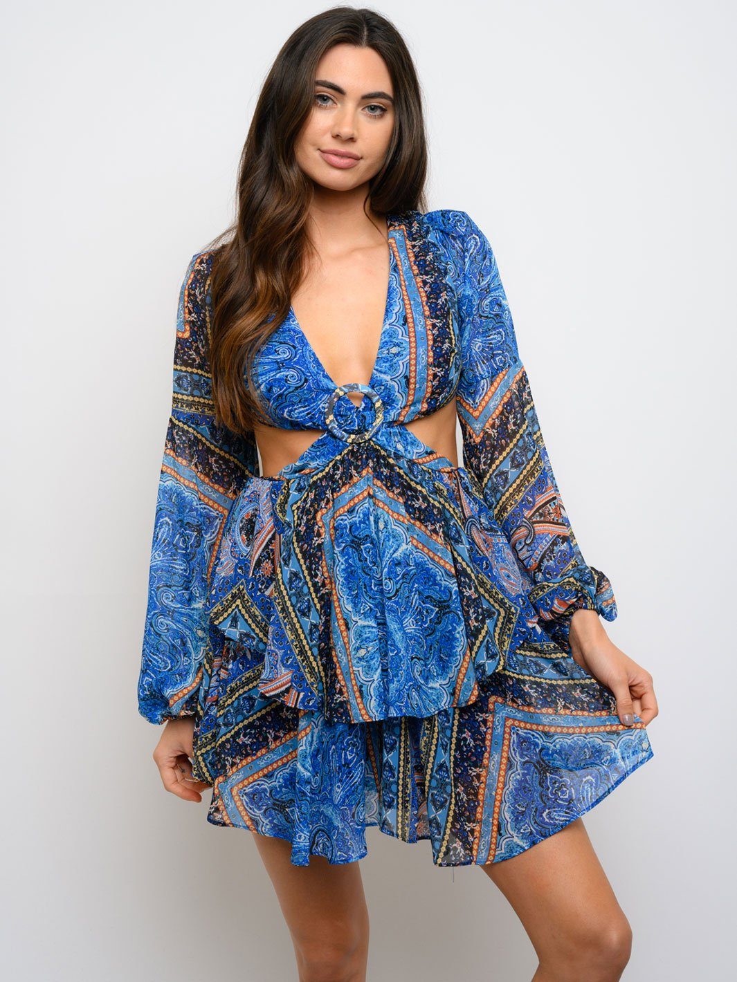 WOMEN'S LONG SLEEVE OPEN BACK MULTI PRINT DRESS