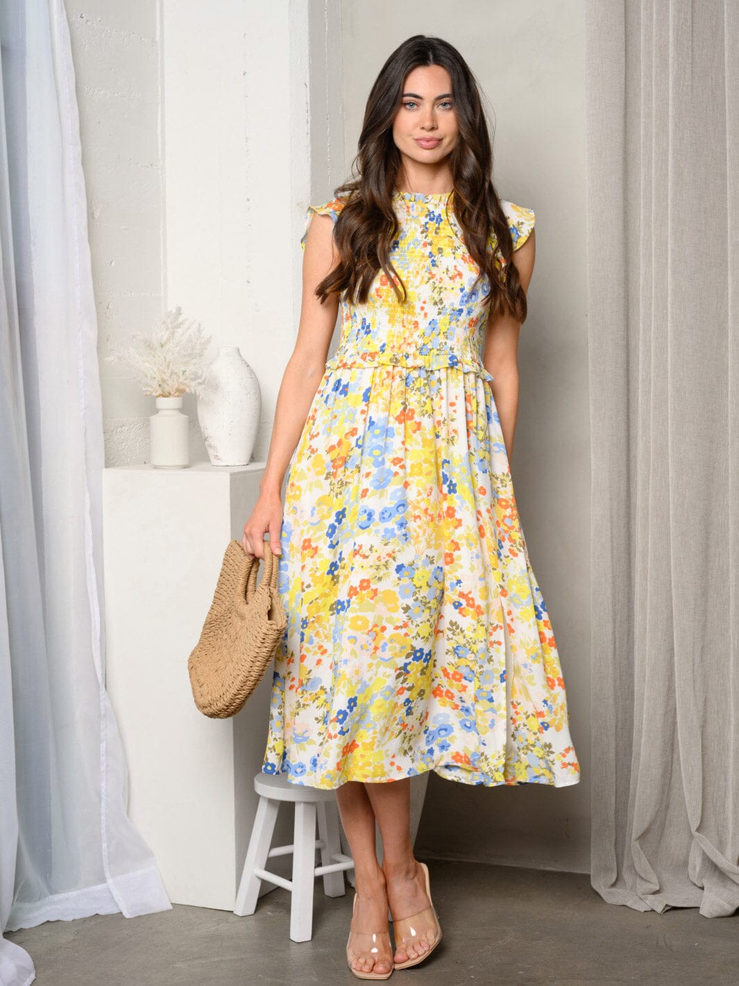 WOMEN'S SLEEVELESS SMOCK FLORAL MIDI DRESS