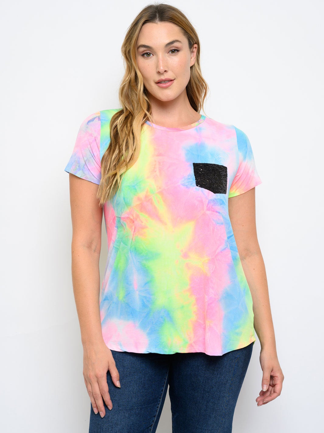 PLUS SIZE SHORT SLEEVE FRONT POCKET TIE DYE PRINT TOP