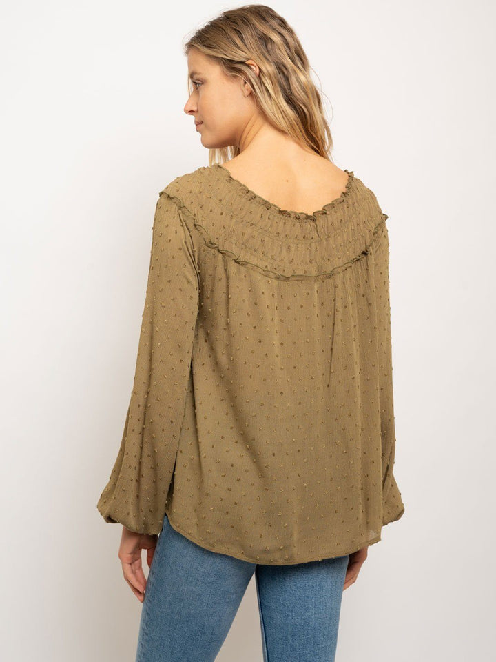 WOMEN'S SMOCKED COLLAR LONG SLEEVE TOP