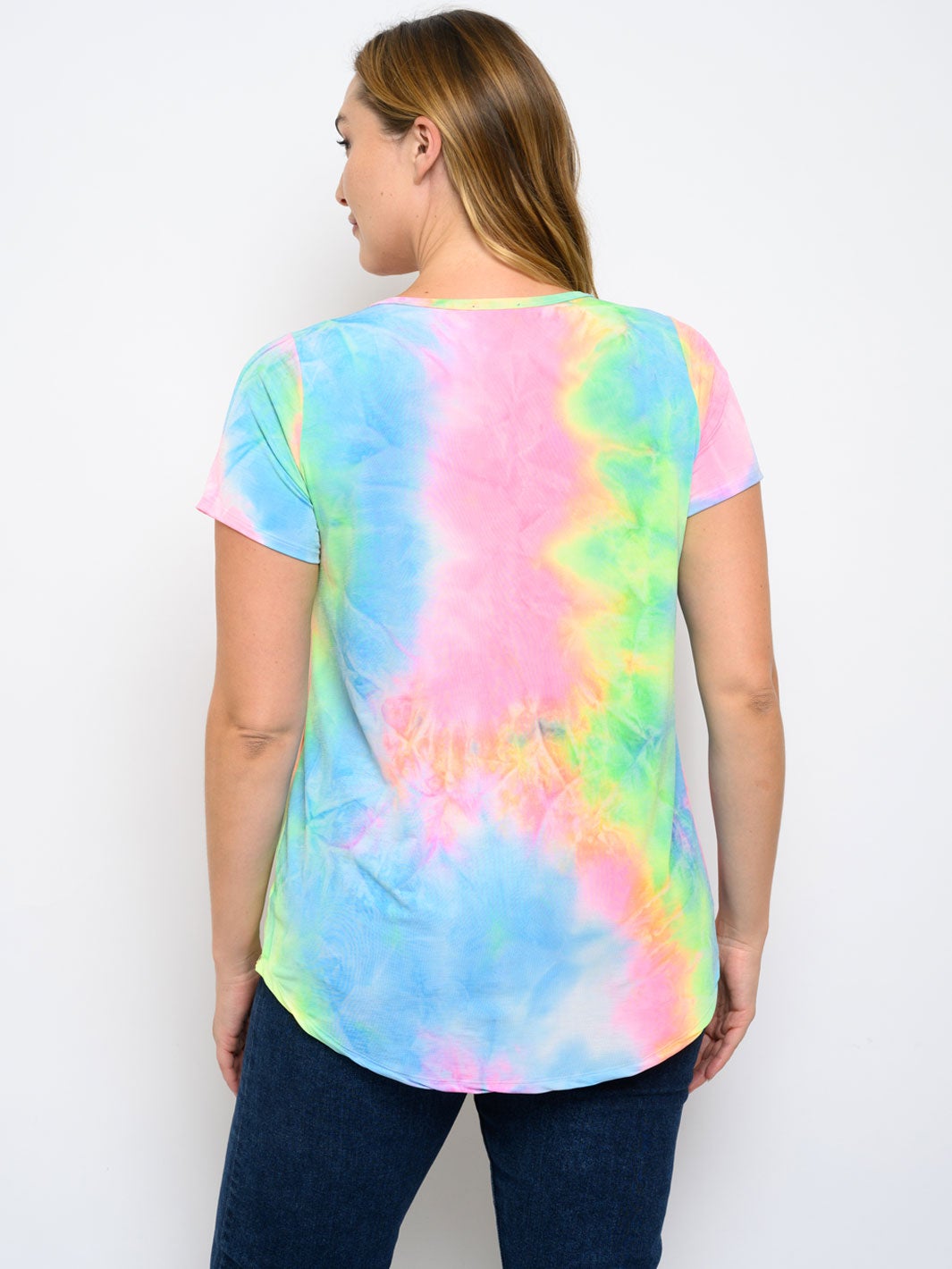 PLUS SIZE SHORT SLEEVE FRONT POCKET TIE DYE PRINT TOP