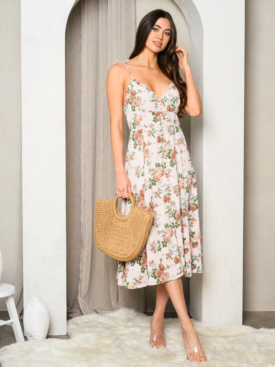 WOMEN'S SLEEVELESS V-NECH RUFFLE FLORAL MIDI DRESS