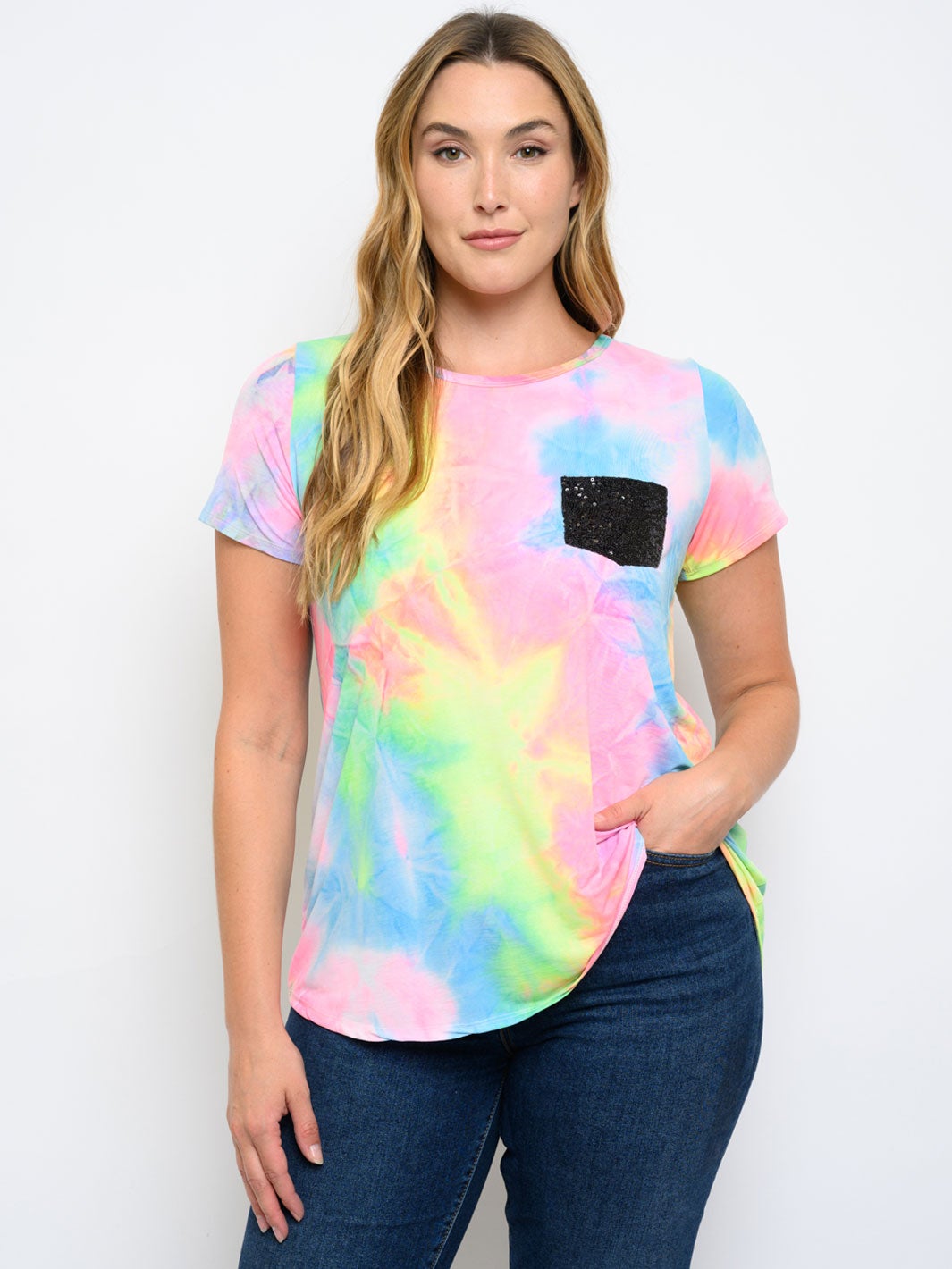 PLUS SIZE SHORT SLEEVE FRONT POCKET TIE DYE PRINT TOP
