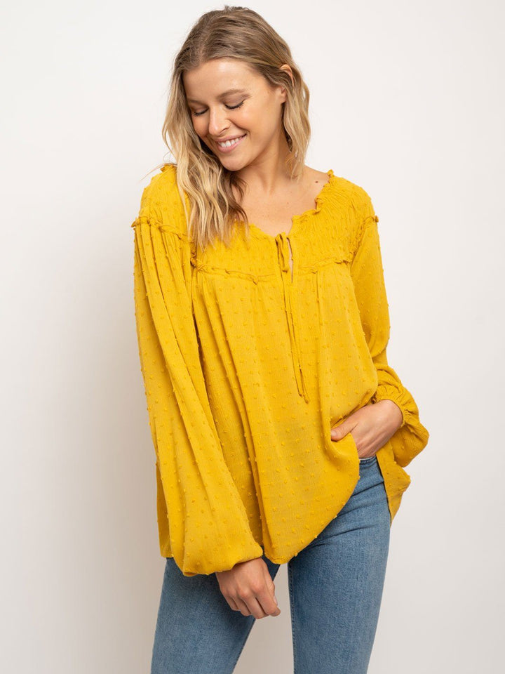 WOMEN'S SMOCKED COLLAR LONG SLEEVE TOP