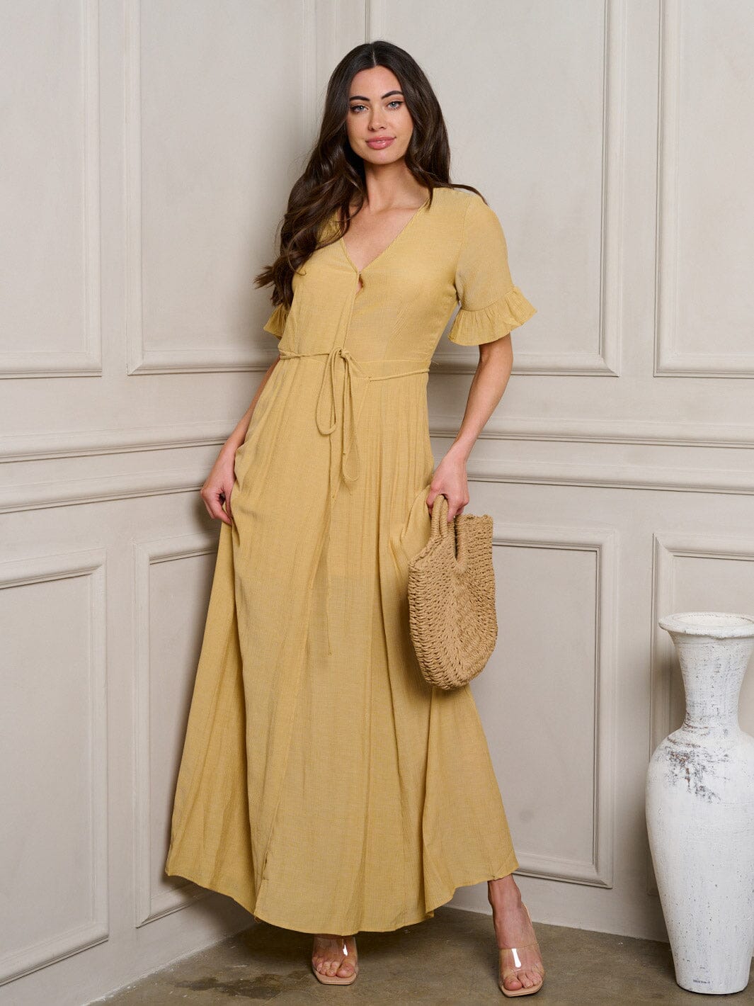 WOMEN'S SHORT RUFFLE SLEEVE WRAP MAXI DRESS