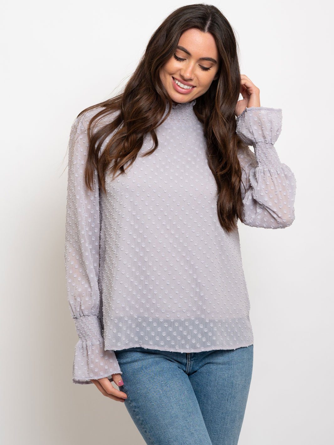 WOMEN'S SWISS DOT SMOCKED NECL LONG SLEEVE TOP