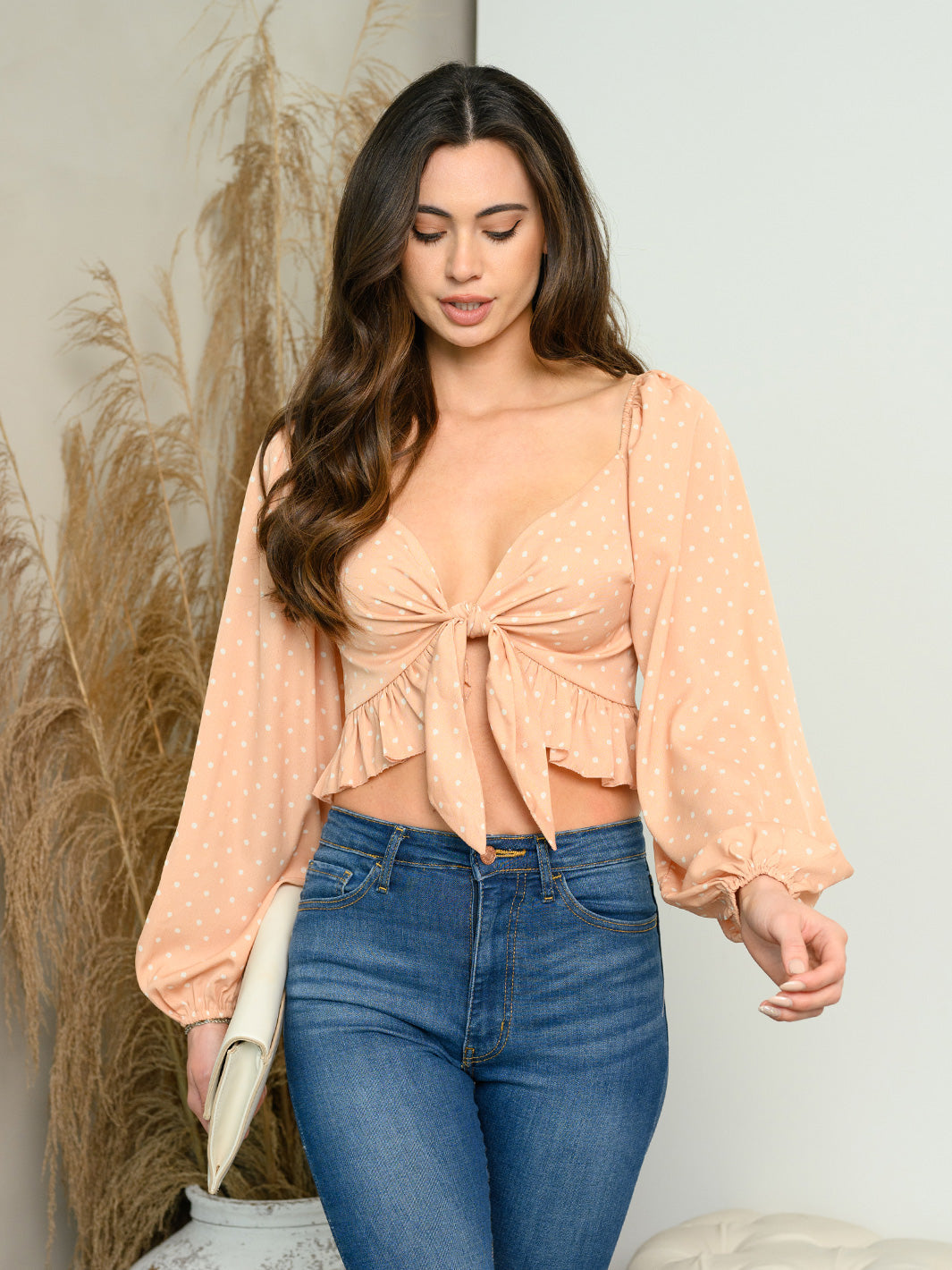 WOMEN'S LONG SLEEVE FRONT TIE POLKA DOT CROP TOP