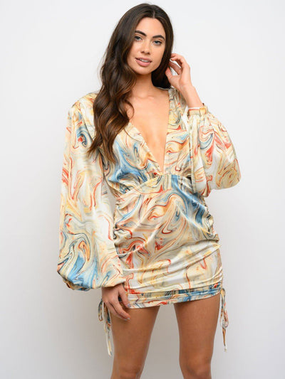 WOMEN'S LONG SLEEVE RUCHED MULTI PRINT DRESS