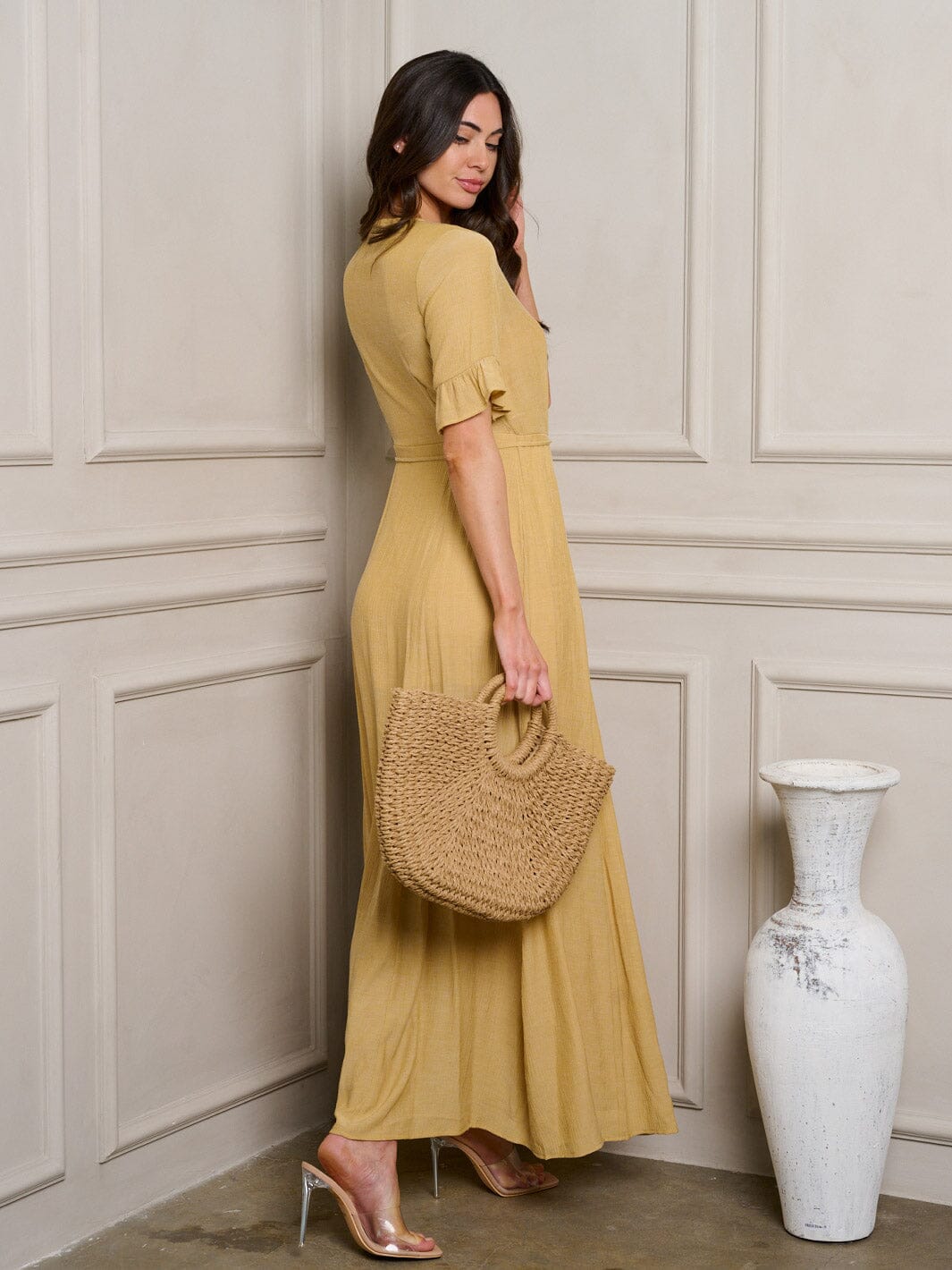 WOMEN'S SHORT RUFFLE SLEEVE WRAP MAXI DRESS