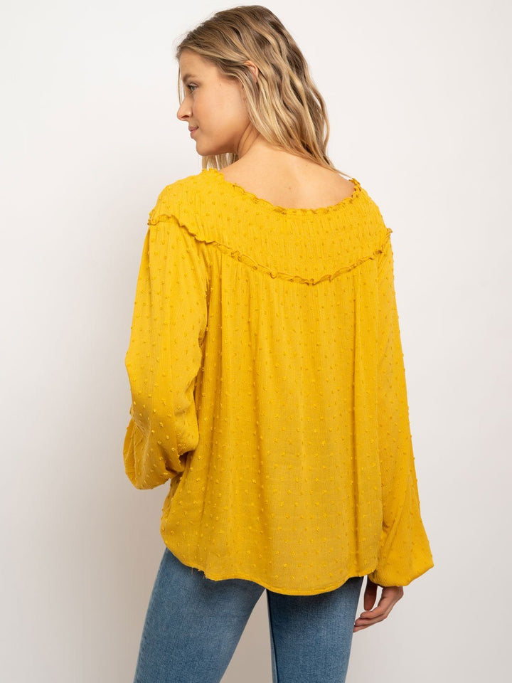 WOMEN'S SMOCKED COLLAR LONG SLEEVE TOP