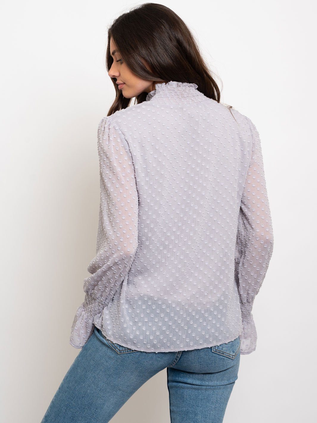 WOMEN'S SWISS DOT SMOCKED NECL LONG SLEEVE TOP