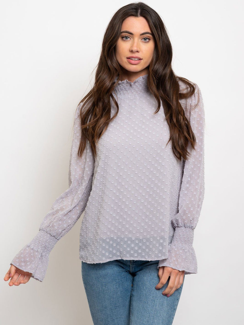 WOMEN'S SWISS DOT SMOCKED NECL LONG SLEEVE TOP