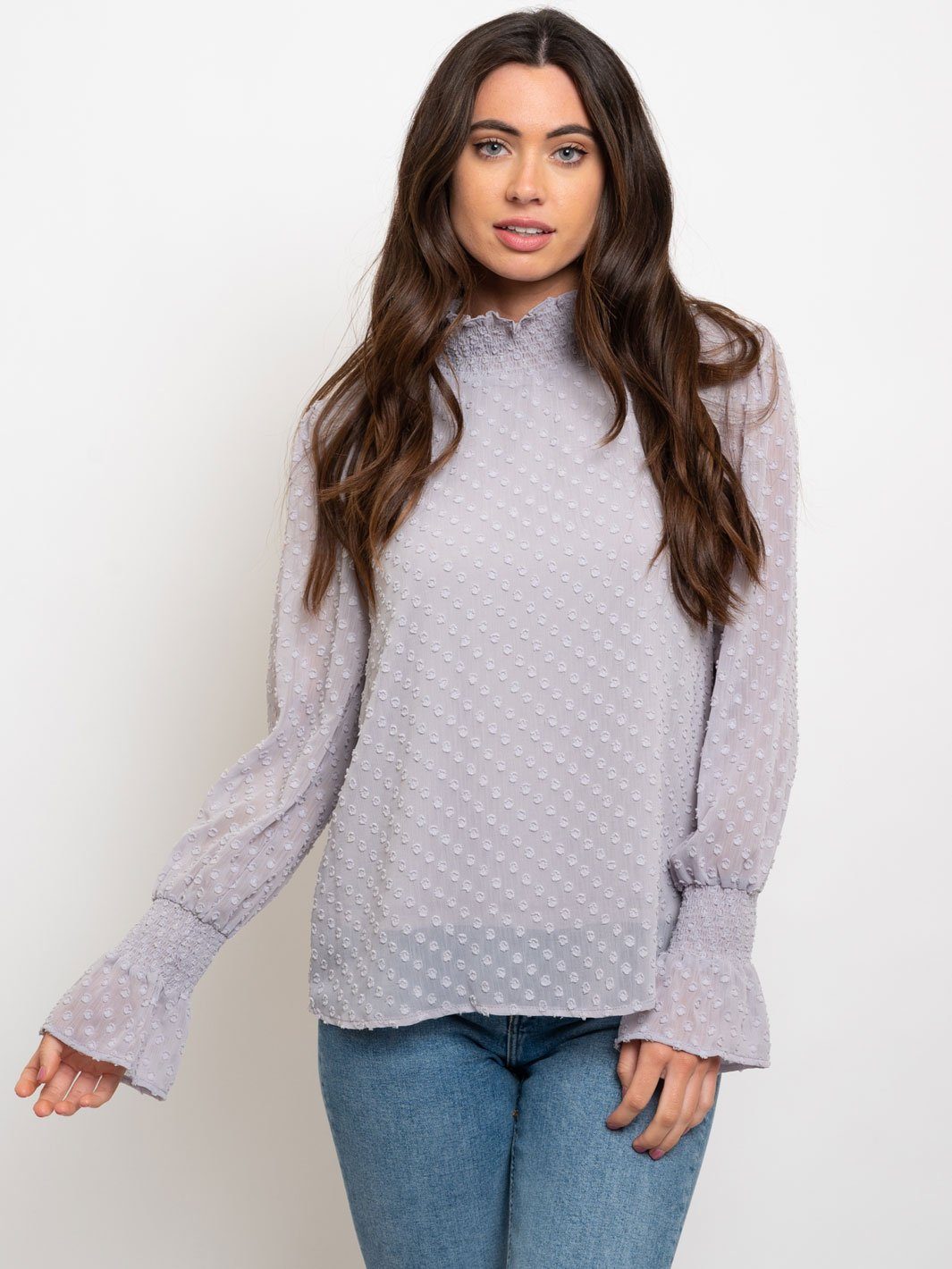 WOMEN'S SWISS DOT SMOCKED NECL LONG SLEEVE TOP