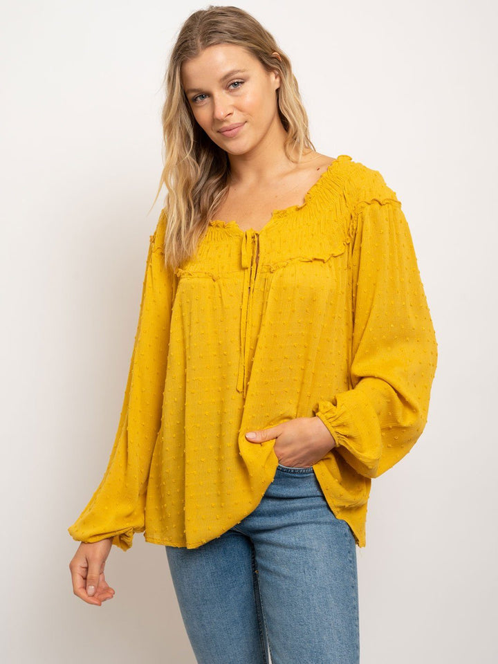 WOMEN'S SMOCKED COLLAR LONG SLEEVE TOP