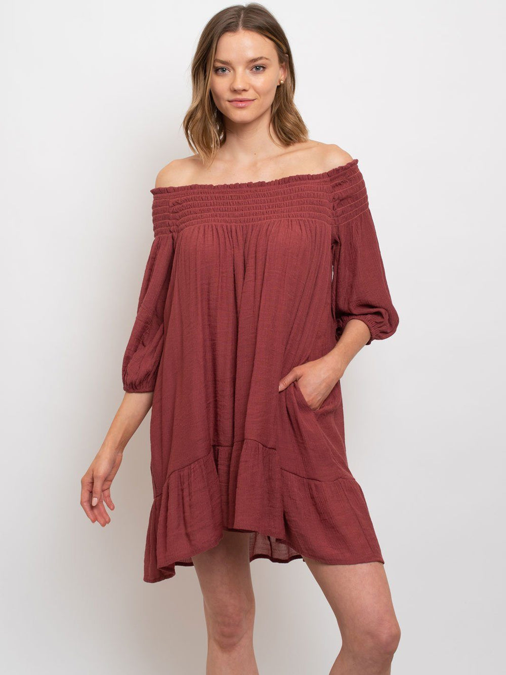 WOMEN'S SMOCKING AND RUFFLE DETAILD DRESS