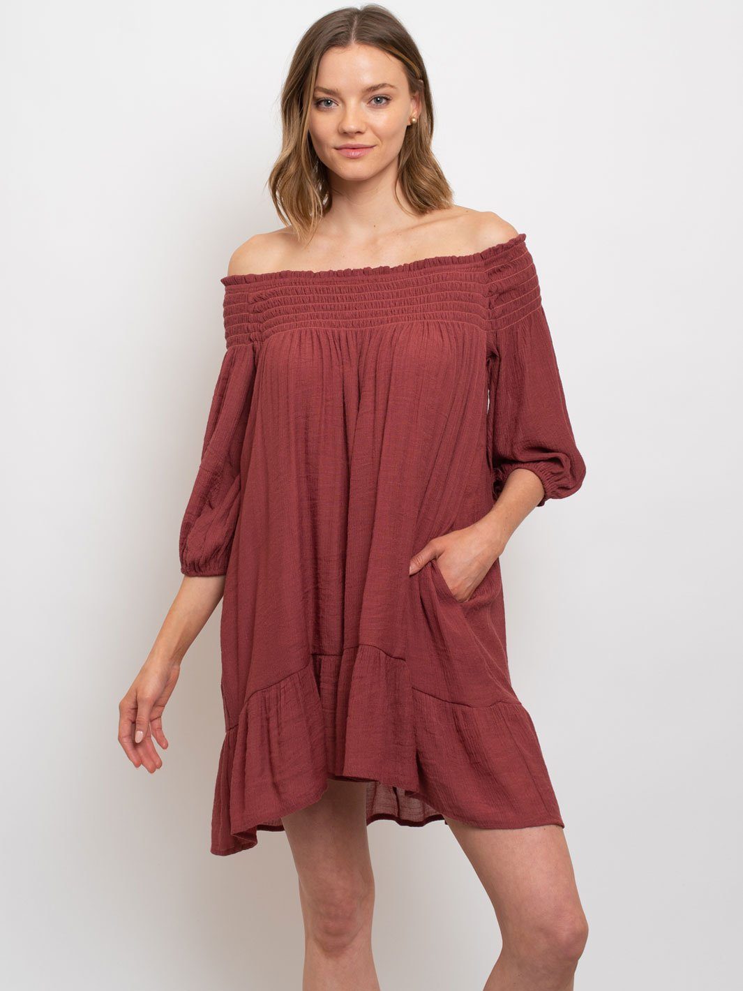 WOMEN'S SMOCKING AND RUFFLE DETAILD DRESS