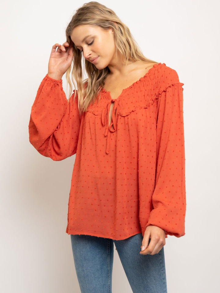 WOMEN'S SMOCKED COLLAR LONG SLEEVE TOP