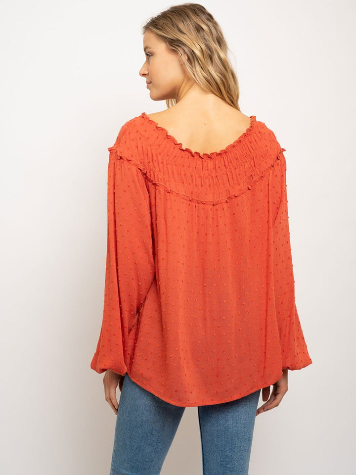 WOMEN'S SMOCKED COLLAR LONG SLEEVE TOP