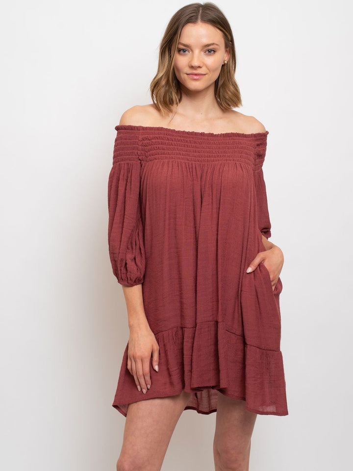 WOMEN'S SMOCKING AND RUFFLE DETAILD DRESS