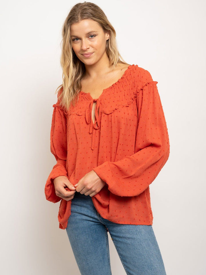 WOMEN'S SMOCKED COLLAR LONG SLEEVE TOP
