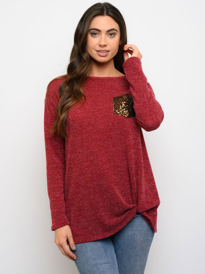 WOMEN'S FRONT KNOT SEQUIN POCKET LONG SLEEVE TOP