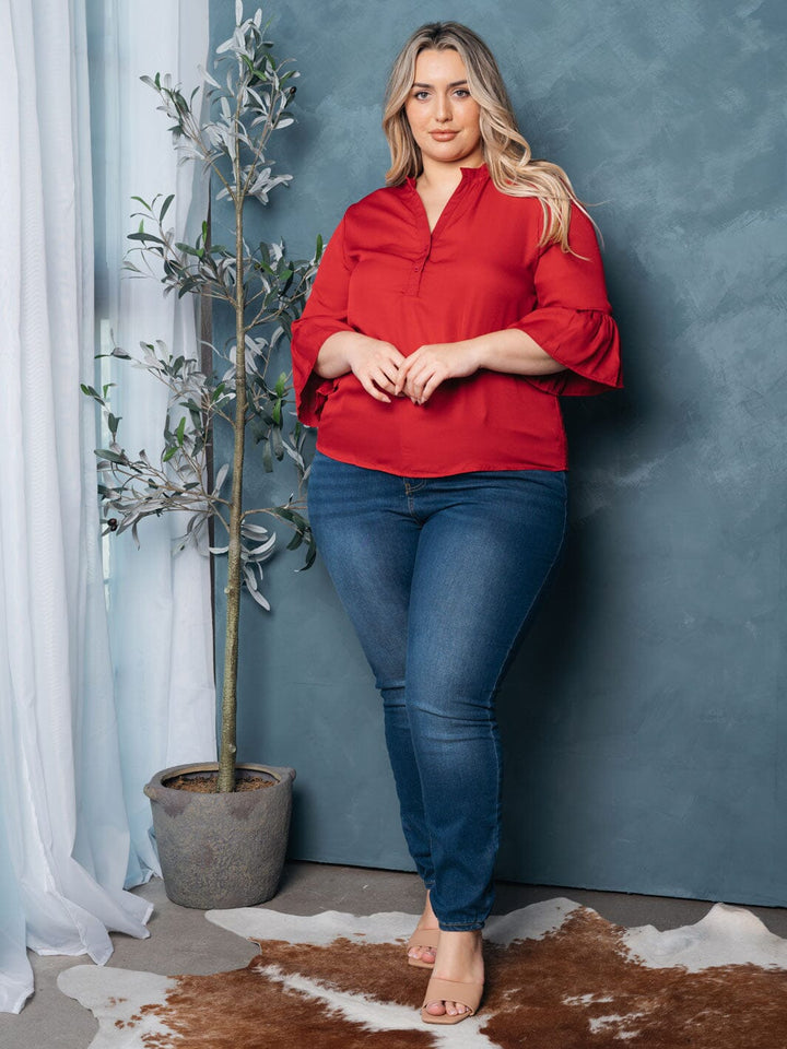 PLUS SIZE RUFFLE 3/4 SLEEVES V-NECK TOP