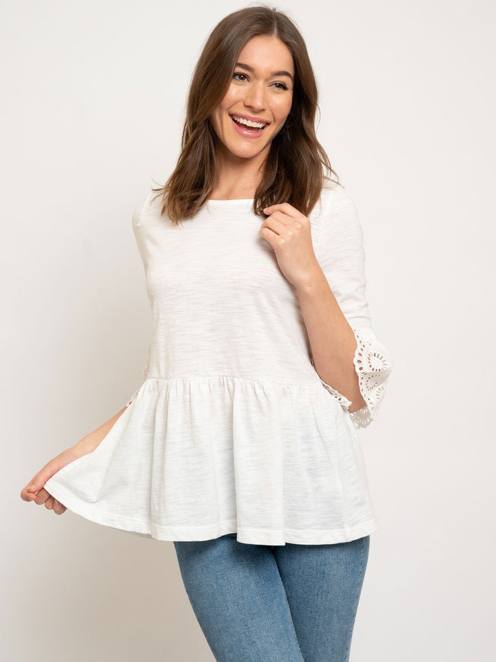 WOMEN'S SLUB BABYDOLL EYELET LACE BELL SLEEVES TOP