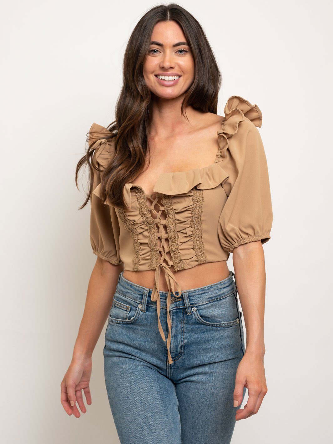 WOMEN'S RUFFLE LACE UP CROP TOP