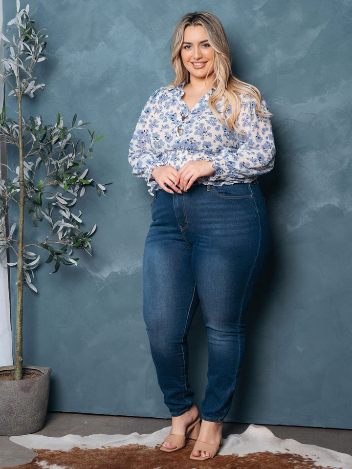 PLUS SIZE LONG SLEEVES BUTTON UP SMOCK FLORAL TOP