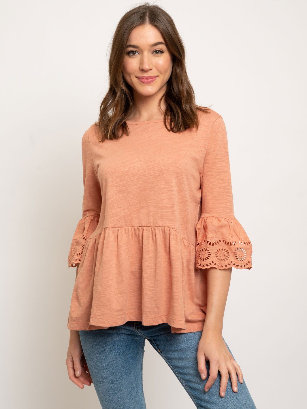 WOMEN'S SLUB BABYDOLL EYELET LACE BELL SLEEVES TOP