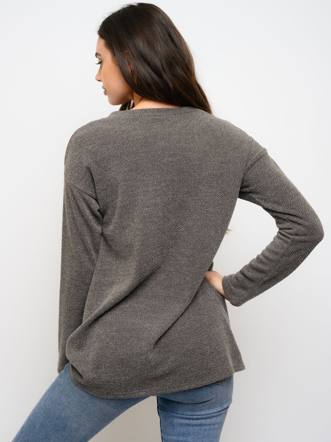 WOMEN'S FRONT KNOT SEQUIN POCKET LONG SLEEVE TOP