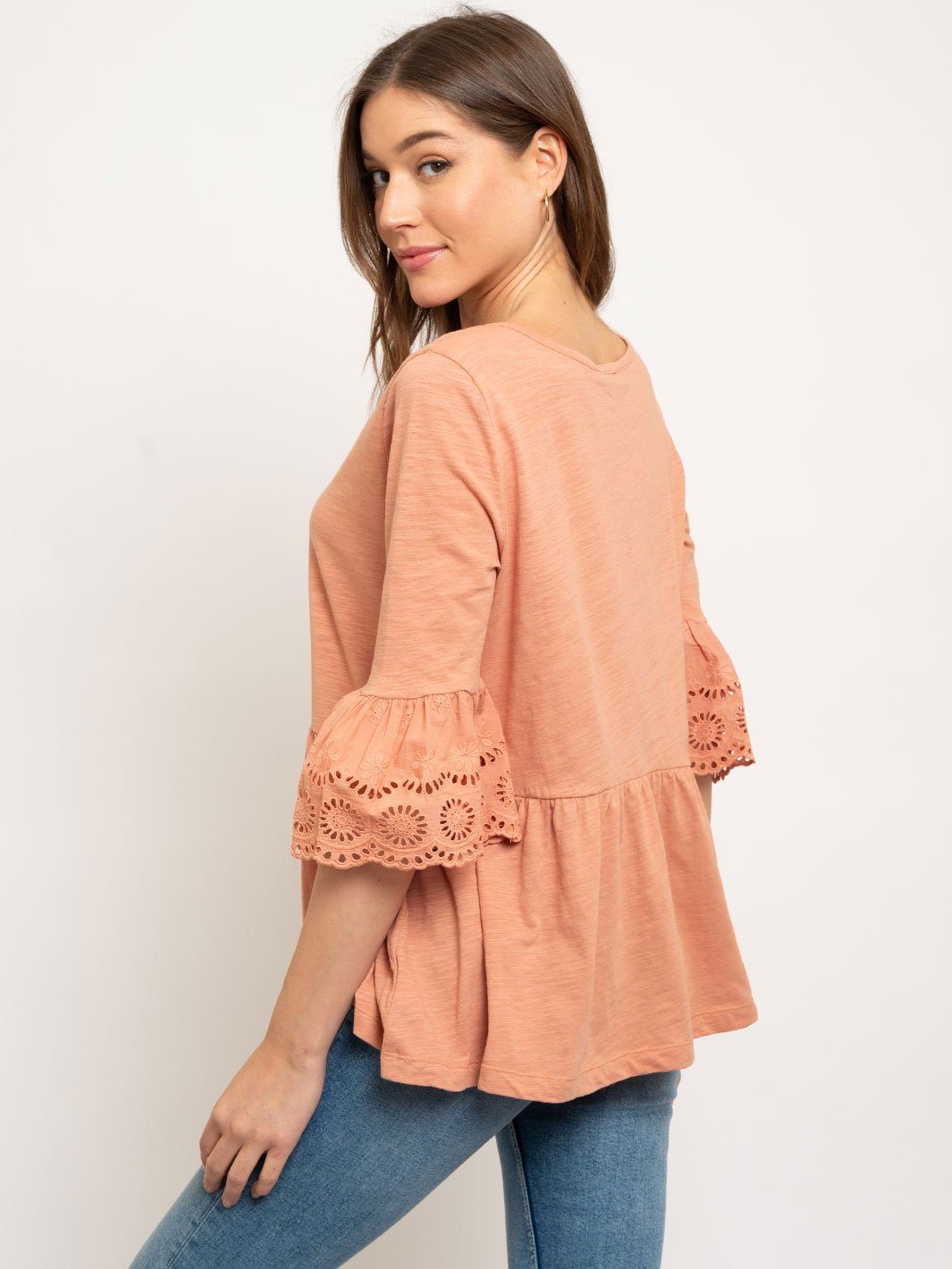 WOMEN'S SLUB BABYDOLL EYELET LACE BELL SLEEVES TOP