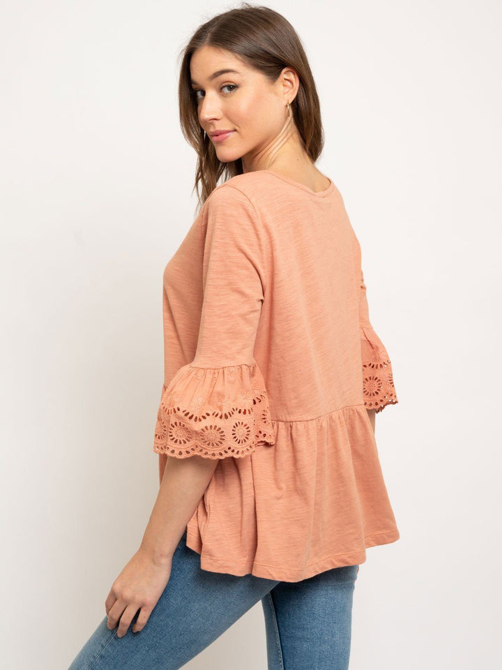 WOMEN'S SLUB BABYDOLL EYELET LACE BELL SLEEVES TOP