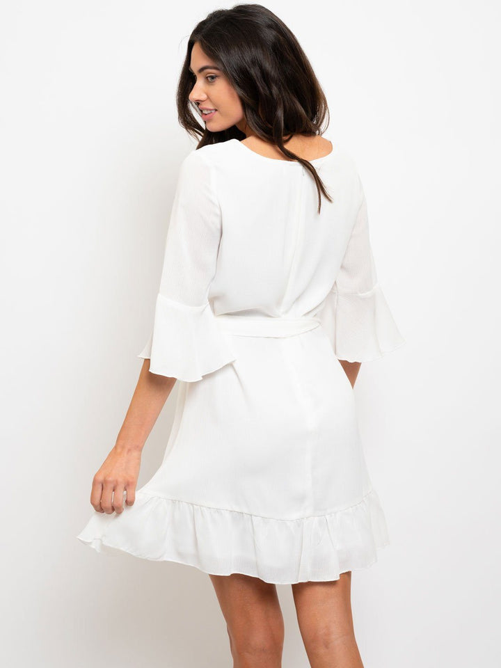 WOMEN'S TIE FRONT RUFFLE MINI DRESS