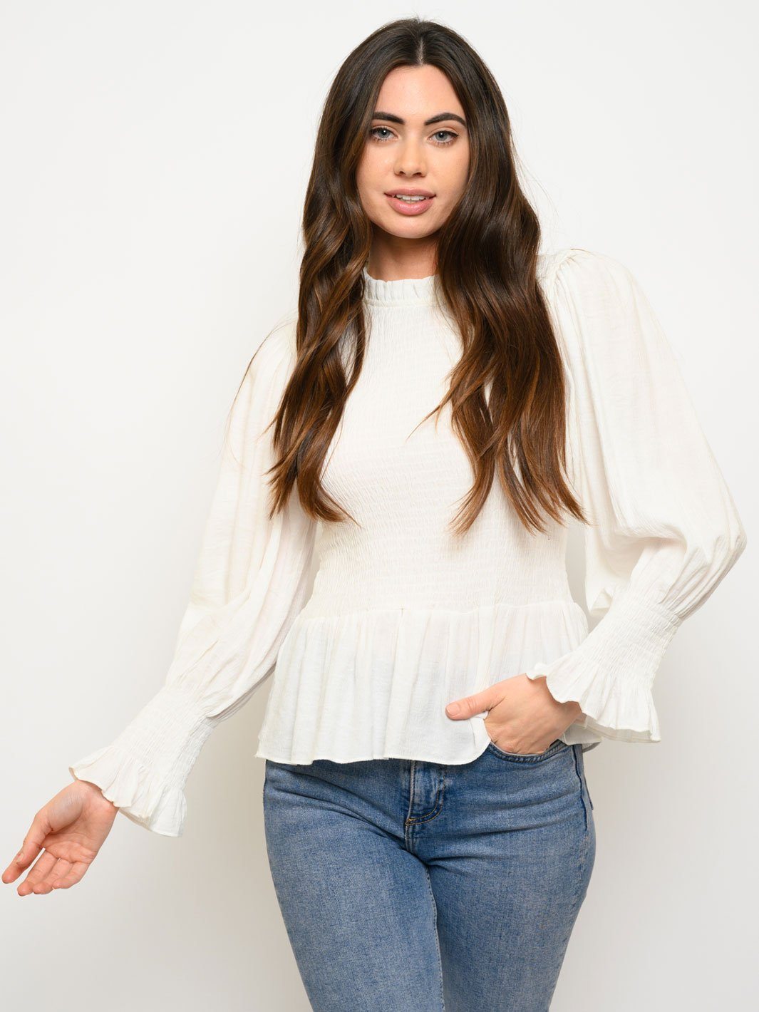 WOMEN'S WOVEN SOLID SMOCKED LONG SLEEVE PEPLUM TOP