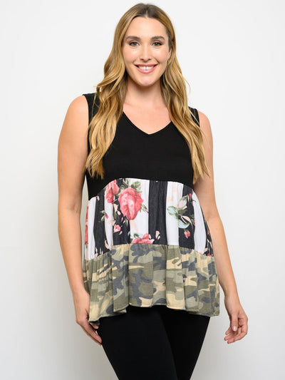 PLUS SIZE ANIMAL PRINT FLORAL V-NECK TANK TOP