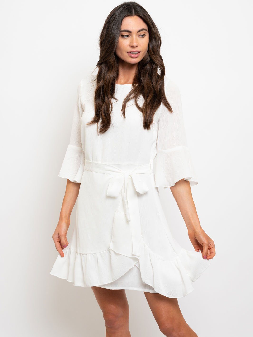 WOMEN'S TIE FRONT RUFFLE MINI DRESS