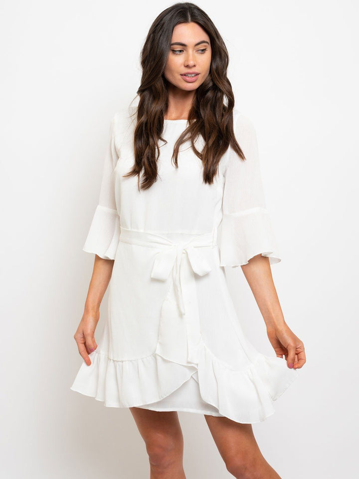 WOMEN'S TIE FRONT RUFFLE MINI DRESS