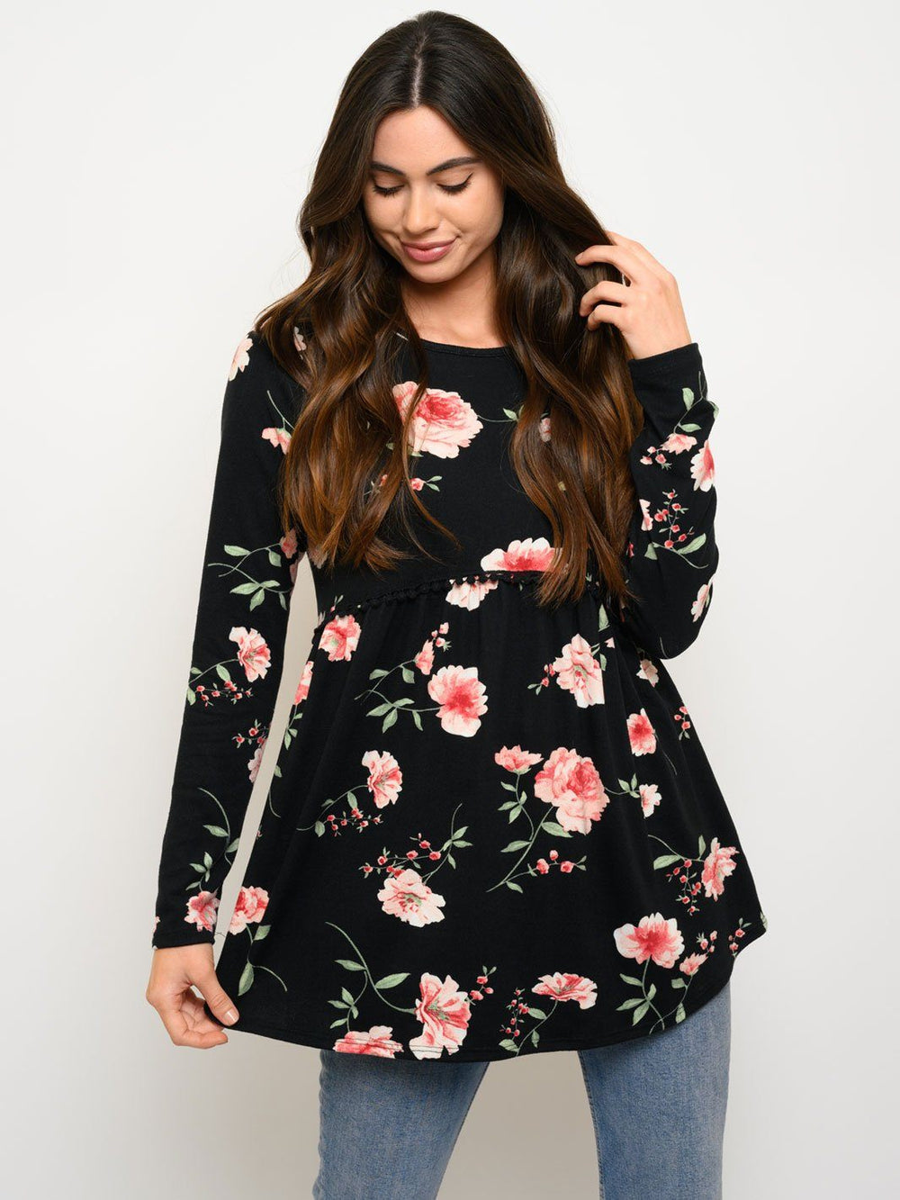 WOMEN'S LONG SLEEVE FLORAL BABYDOLL TOP