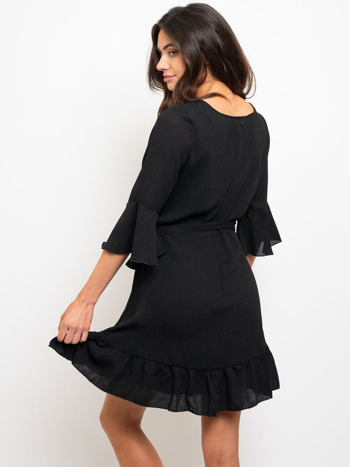 WOMEN'S TIE FRONT RUFFLE MINI DRESS